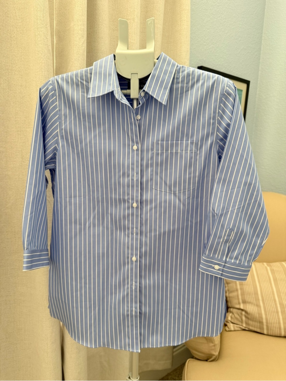 Lands End Classic Blue Stripe Buttondown 3/4 Bracelet Sleeve 100% Cotton Shirt 8